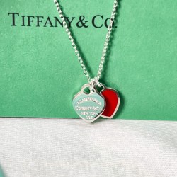 Tiffany & Co. Silver Red Red Double Heart Necklace For Women Pendant Jewellery 