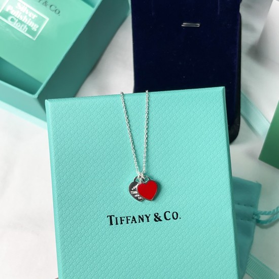 Tiffany & Co. Silver Red Red Double Heart Necklace For Women Pendant Jewellery