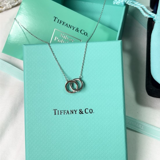 Tiffany & Co.Silver Double Circle Diamond Necklace For Women Pendant Jewellery